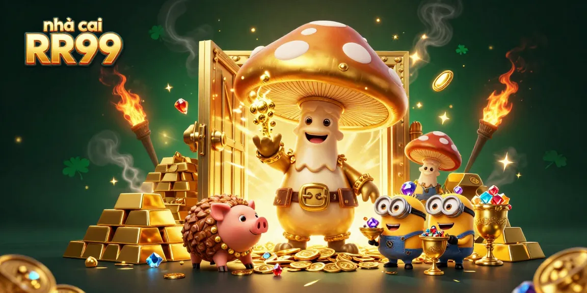 Capture the excitement at nhà cái RR99 with golden treasures, magic characters, and vibrant casino elements.