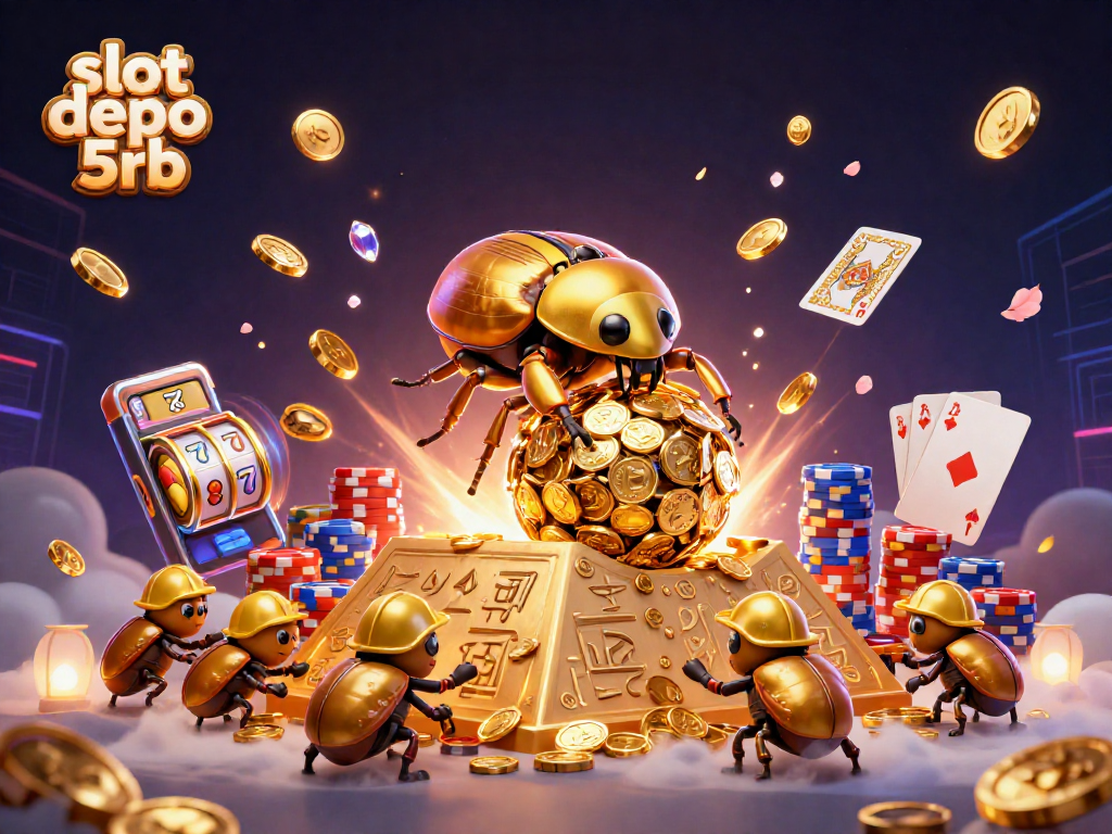 Experience thrilling action with slot depo 5rb featuring a vibrant scene of gold, coins and slot machines.