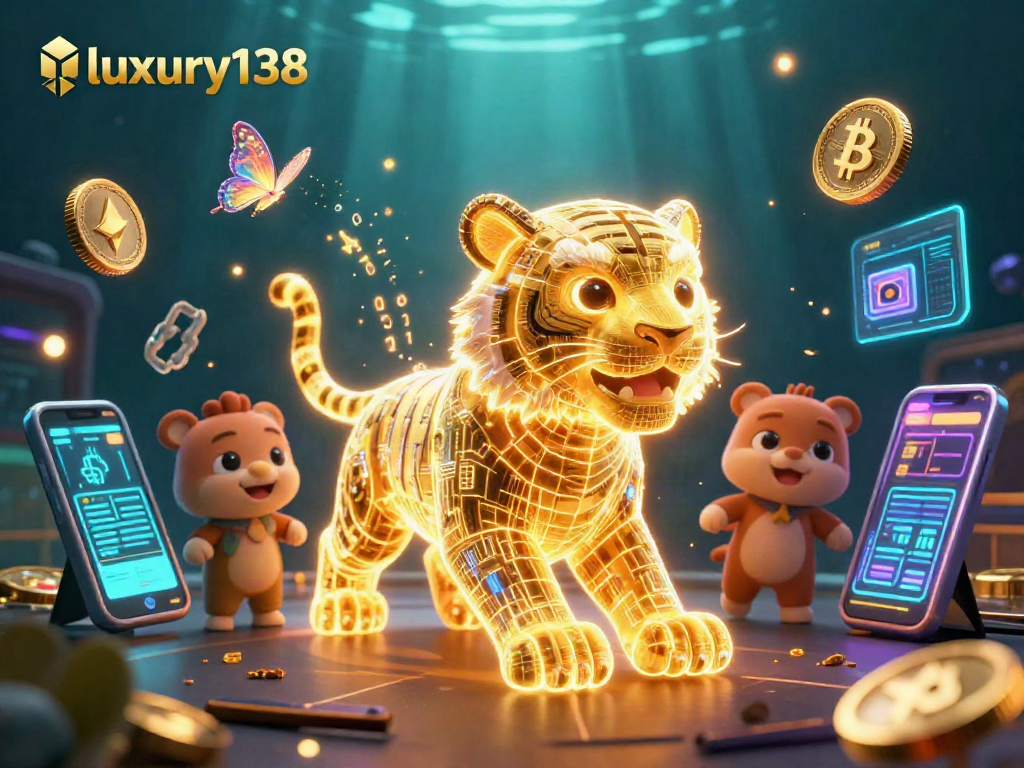 Bermain di casino digital luxury138 dengan harimau emas neon dan unsur cryptocurrency yang bersinar.