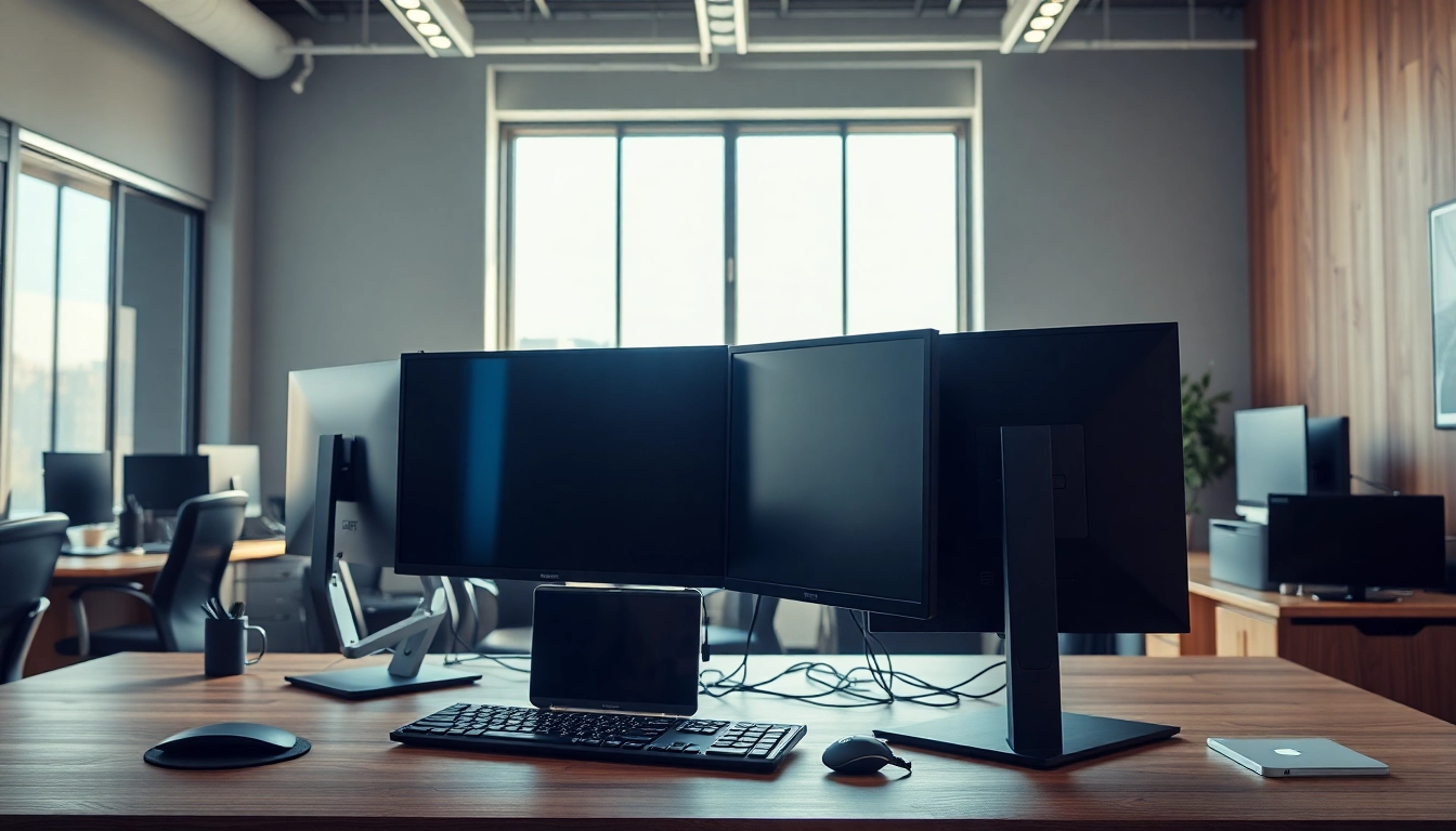 Επαγγελματικός χώρος εργασίας με refurbished pc και πολλαπλές οθόνες.